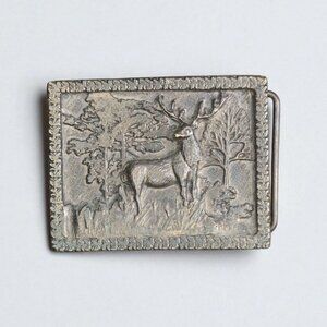 Vintage AJ Dezyn Belt Buckle Deer In Forest Scene 1970s Approx. 3x2.3 Inches Met